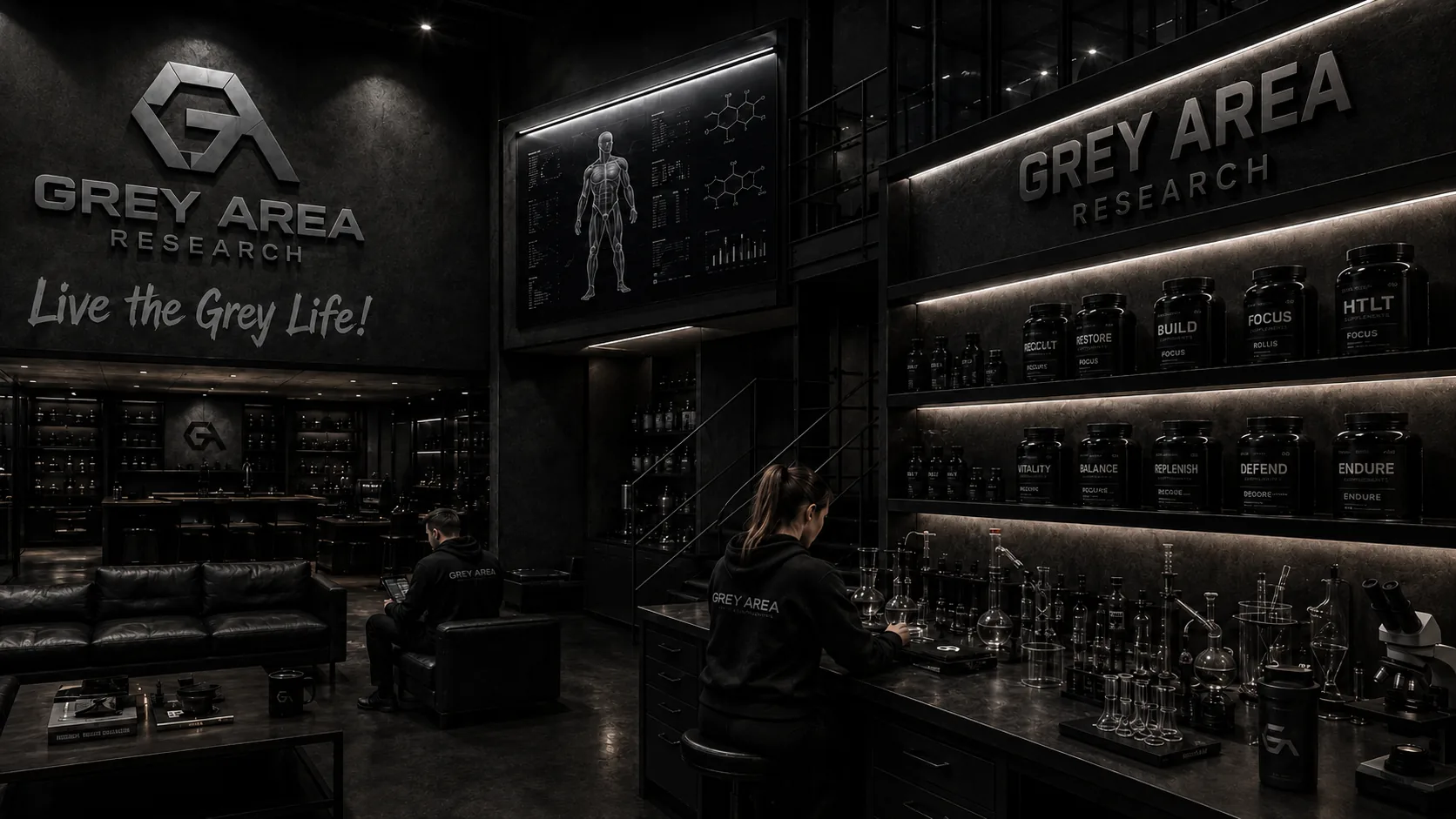 The Grey Area Research room: a bench of glassware, people at work in Grey Area hoodies, and shelves of HTLT supplements, lit low.